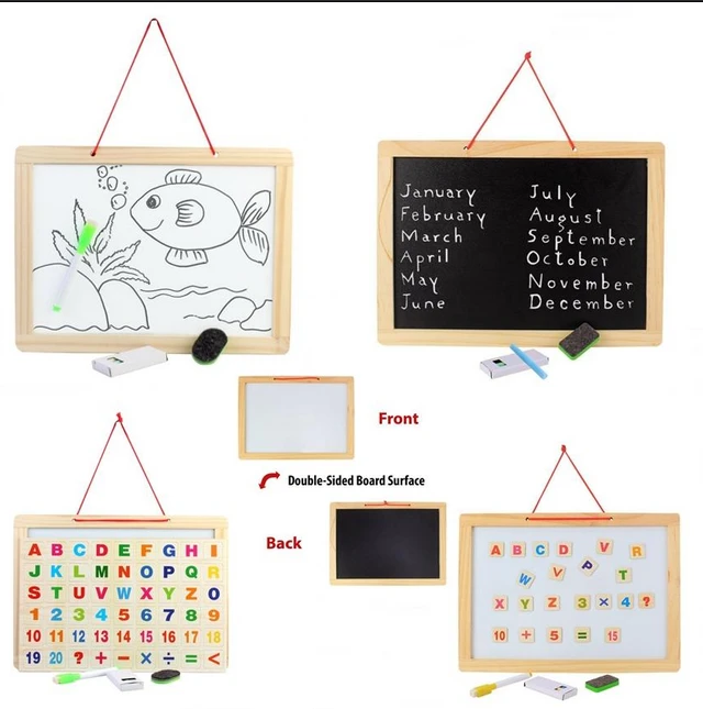 Educational Learning Board Multipurpose Double-Sided Magnetic Wooden Writing, Mathematical Calculations & English Alphabets,White and Black Board, Wooden Magnetic Drawing Board